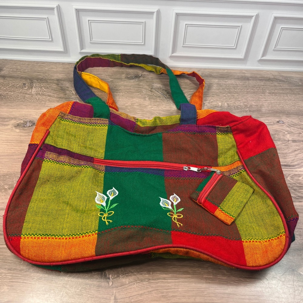 Woven Tote Bag Womens Large Multicolor Patchwork Calla Lily Embroider Boho